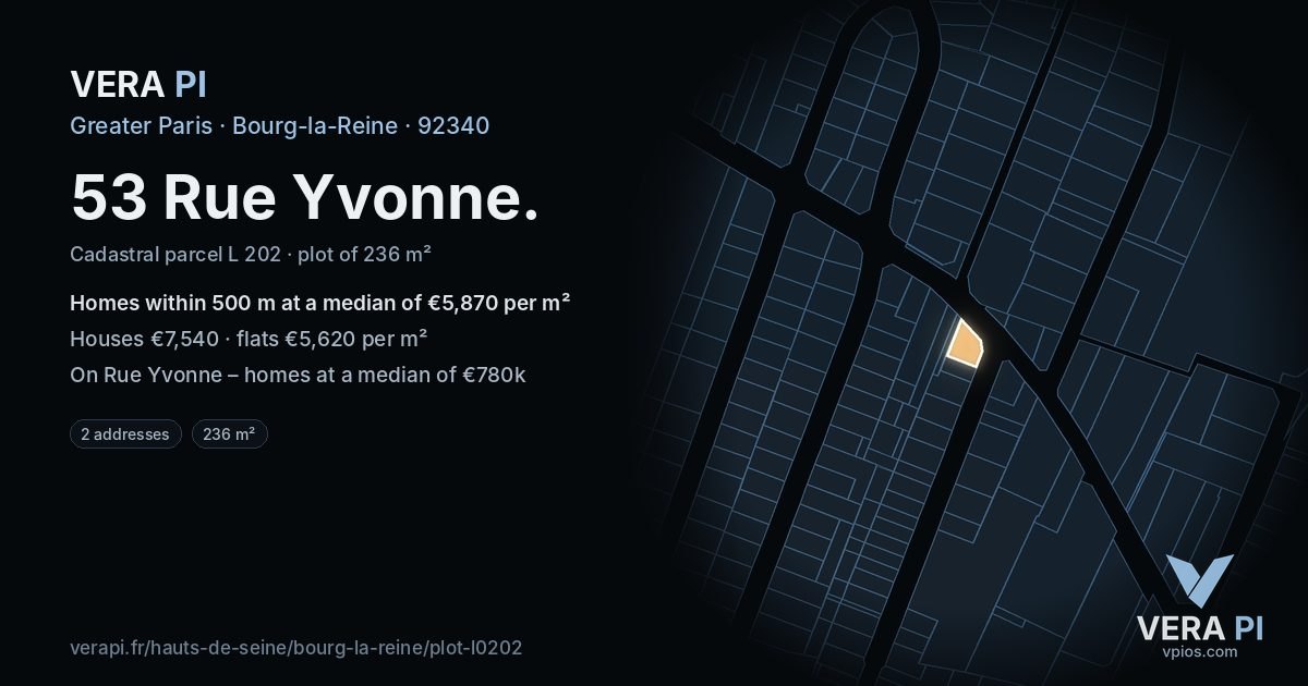 53 Rue Yvonne, Bourg-la-Reine at night – the plot lit, the parcels around coloured by the prices near them