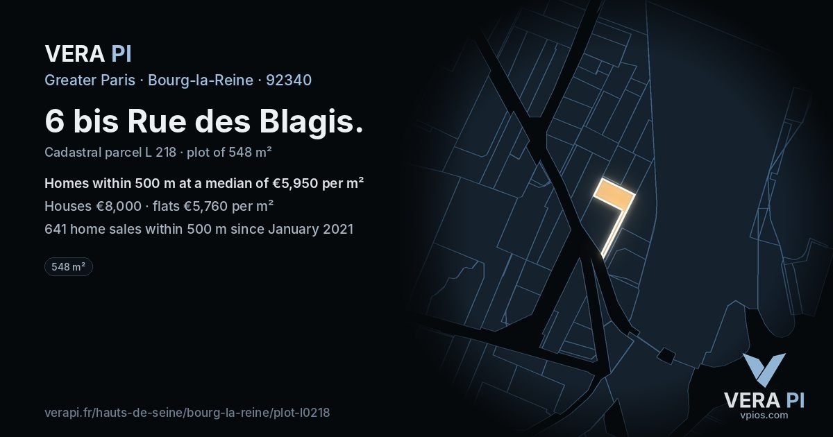 6 bis Rue des Blagis, Bourg-la-Reine at night – the plot lit, the parcels around coloured by the prices near them