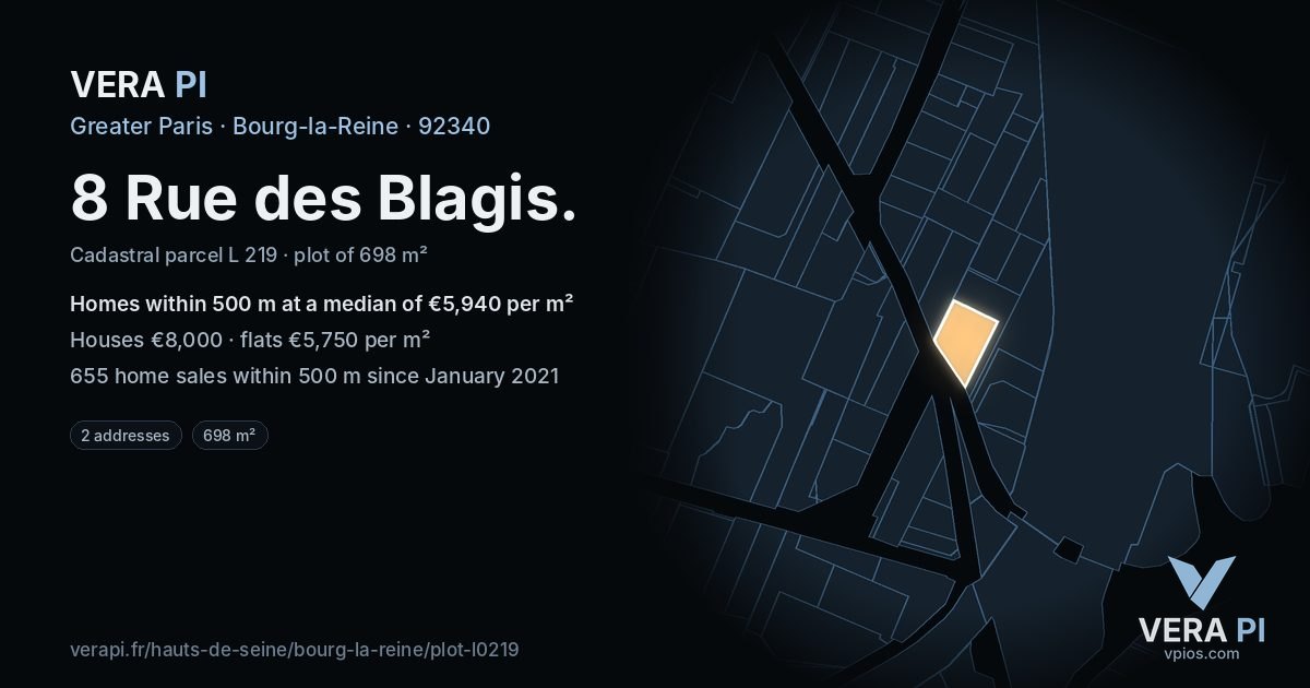 8 Rue des Blagis, Bourg-la-Reine at night – the plot lit, the parcels around coloured by the prices near them