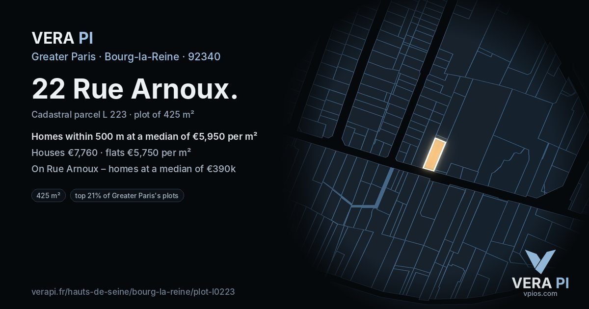 22 Rue Arnoux, Bourg-la-Reine at night – the plot lit, the parcels around coloured by the prices near them