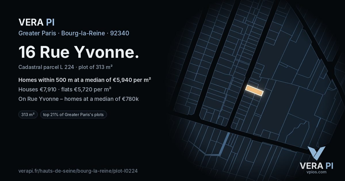 16 Rue Yvonne, Bourg-la-Reine at night – the plot lit, the parcels around coloured by the prices near them