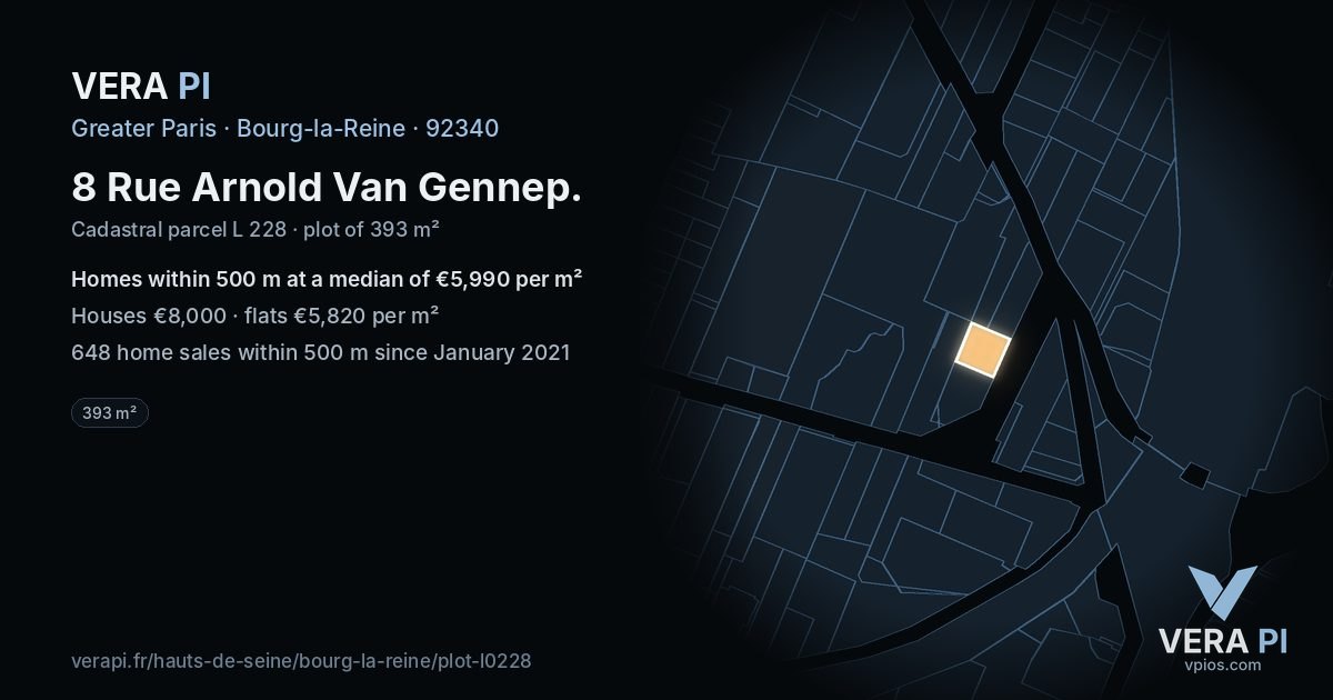8 Rue Arnold Van Gennep, Bourg-la-Reine at night – the plot lit, the parcels around coloured by the prices near them