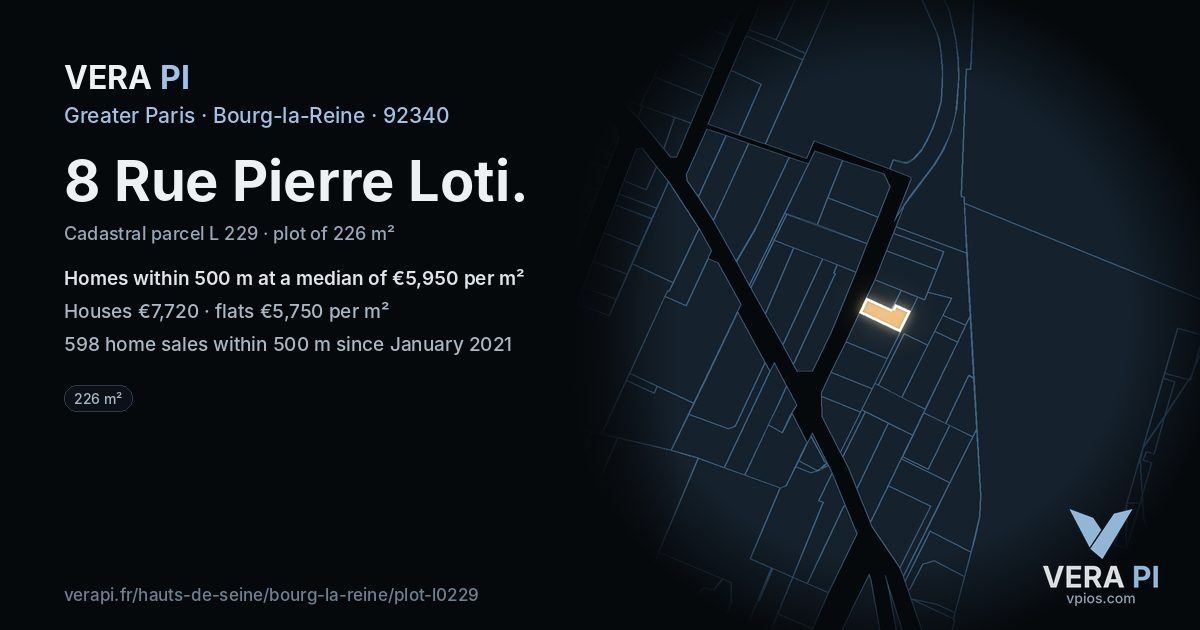 8 Rue Pierre Loti, Bourg-la-Reine at night – the plot lit, the parcels around coloured by the prices near them