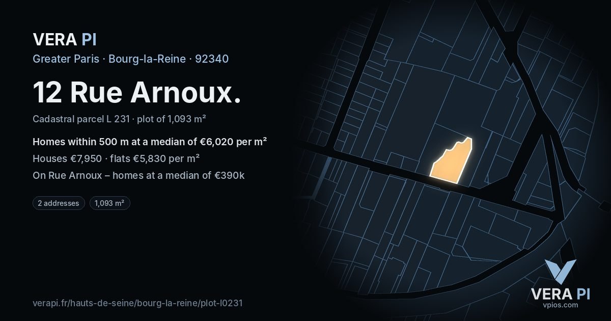 12 Rue Arnoux, Bourg-la-Reine at night – the plot lit, the parcels around coloured by the prices near them