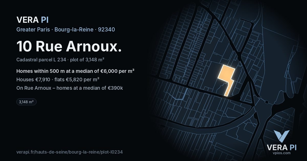 10 Rue Arnoux, Bourg-la-Reine at night – the plot lit, the parcels around coloured by the prices near them