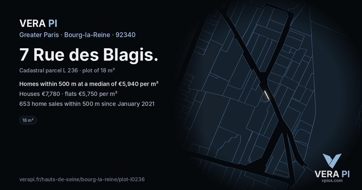 7 Rue des Blagis, Bourg-la-Reine at night – the plot lit, the parcels around coloured by the prices near them