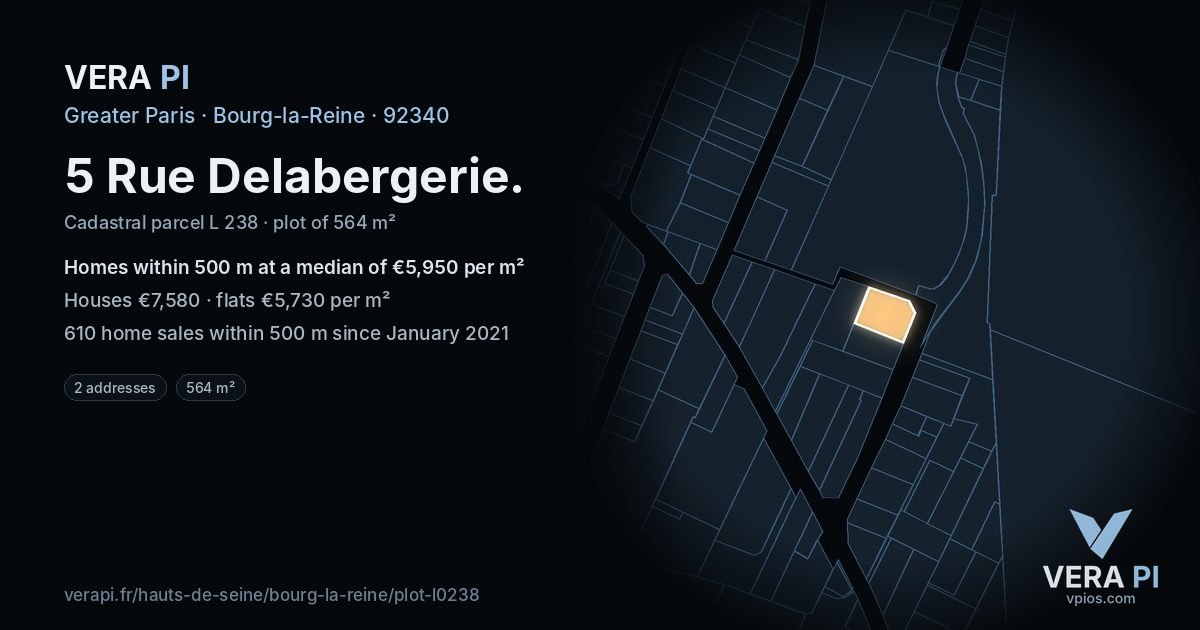 5 Rue Delabergerie, Bourg-la-Reine at night – the plot lit, the parcels around coloured by the prices near them