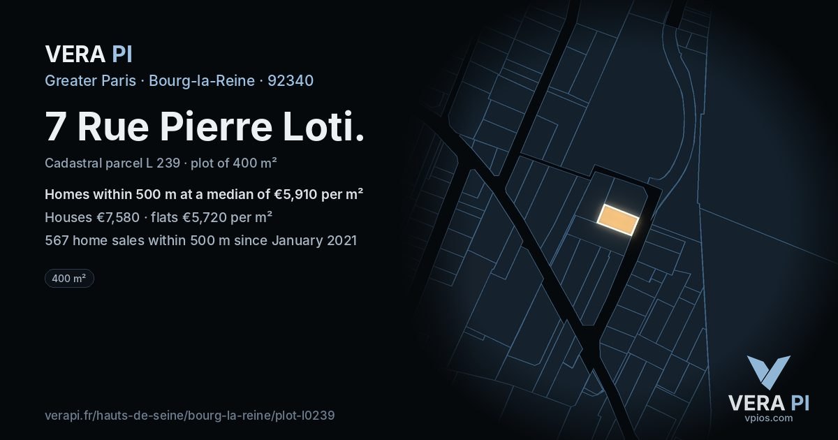 7 Rue Pierre Loti, Bourg-la-Reine at night – the plot lit, the parcels around coloured by the prices near them