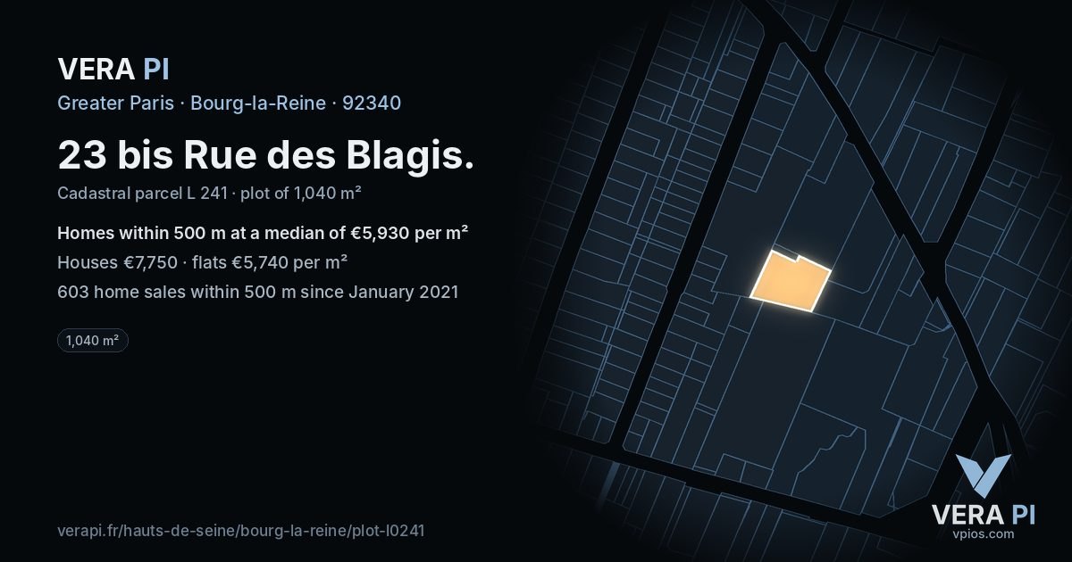 23 bis Rue des Blagis, Bourg-la-Reine at night – the plot lit, the parcels around coloured by the prices near them