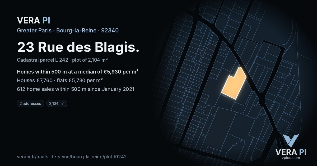 23 Rue des Blagis, Bourg-la-Reine at night – the plot lit, the parcels around coloured by the prices near them
