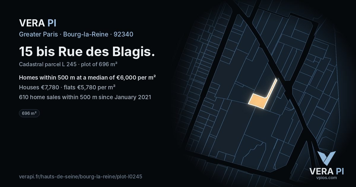 15 bis Rue des Blagis, Bourg-la-Reine at night – the plot lit, the parcels around coloured by the prices near them