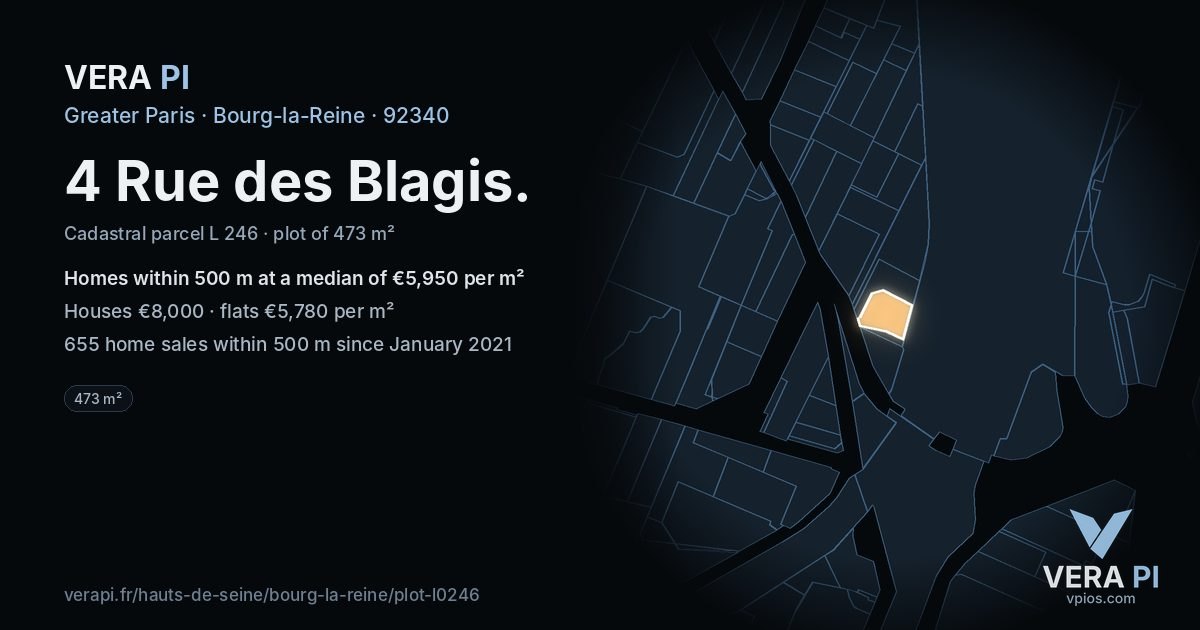 4 Rue des Blagis, Bourg-la-Reine at night – the plot lit, the parcels around coloured by the prices near them