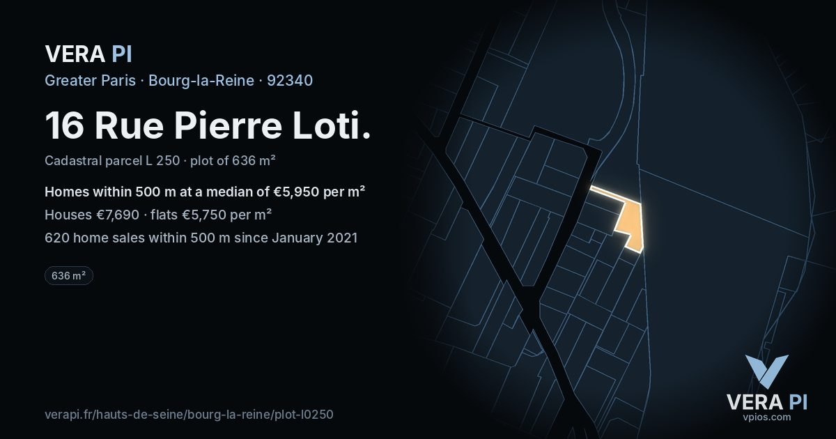 16 Rue Pierre Loti, Bourg-la-Reine at night – the plot lit, the parcels around coloured by the prices near them