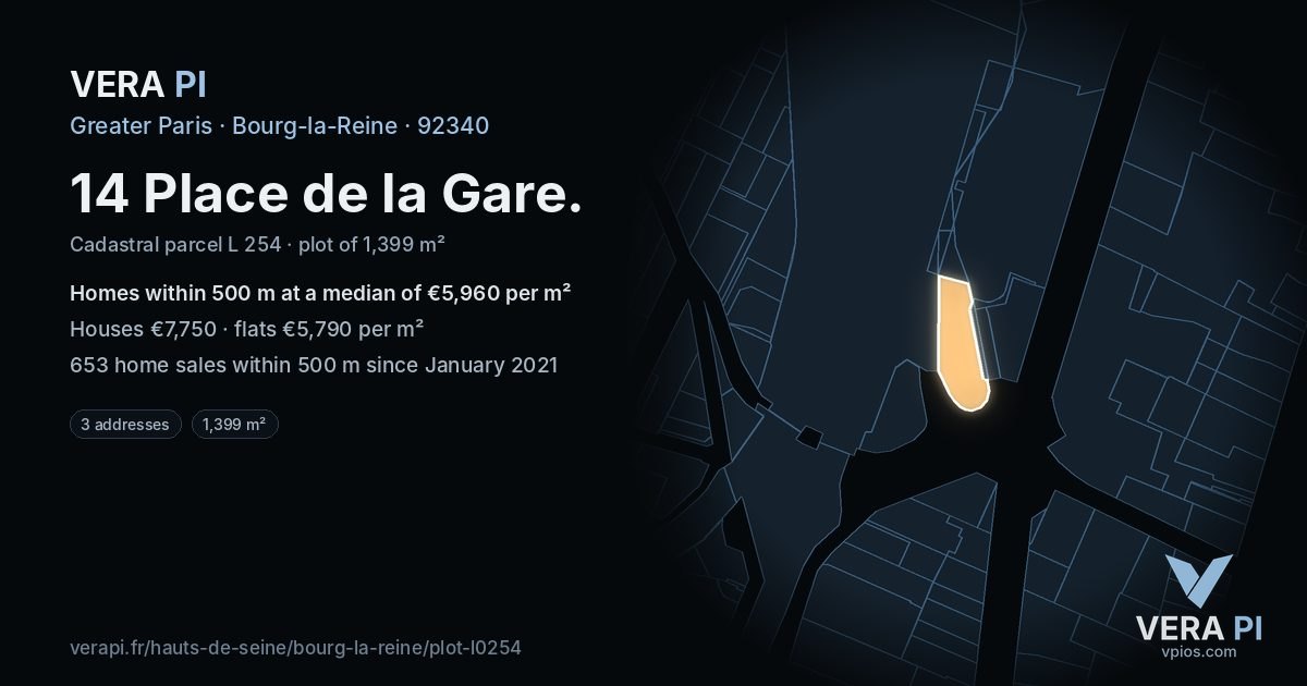 14 Place de la Gare, Bourg-la-Reine at night – the plot lit, the parcels around coloured by the prices near them