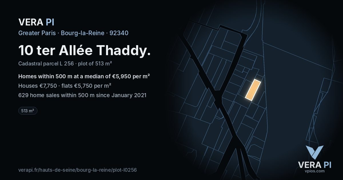 10 ter Allée Thaddy, Bourg-la-Reine at night – the plot lit, the parcels around coloured by the prices near them