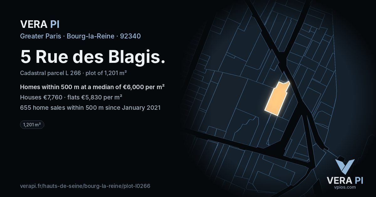 5 Rue des Blagis, Bourg-la-Reine at night – the plot lit, the parcels around coloured by the prices near them