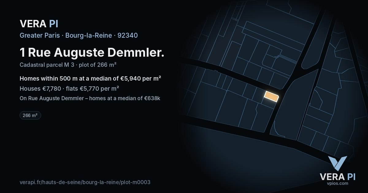 1 Rue Auguste Demmler, Bourg-la-Reine at night – the plot lit, the parcels around coloured by the prices near them