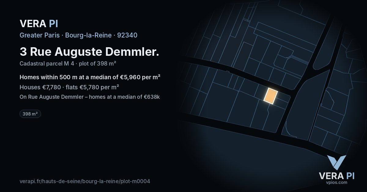 3 Rue Auguste Demmler, Bourg-la-Reine at night – the plot lit, the parcels around coloured by the prices near them