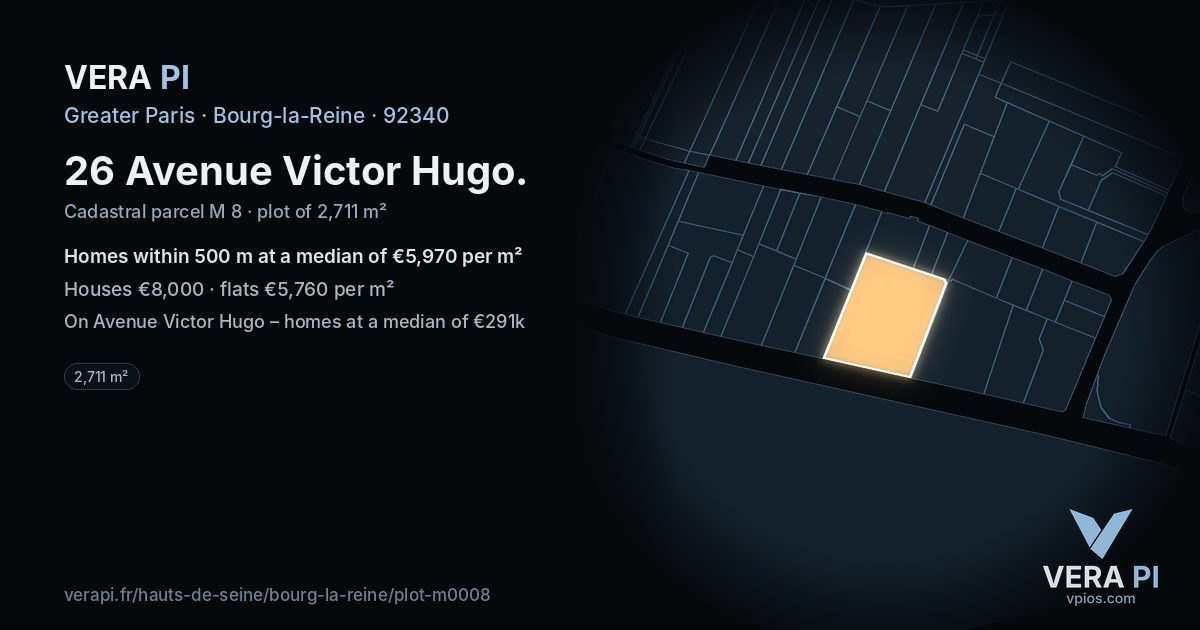 26 Avenue Victor Hugo, Bourg-la-Reine at night – the plot lit, the parcels around coloured by the prices near them