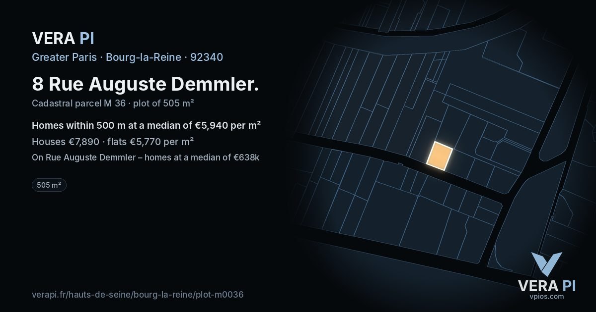 8 Rue Auguste Demmler, Bourg-la-Reine at night – the plot lit, the parcels around coloured by the prices near them