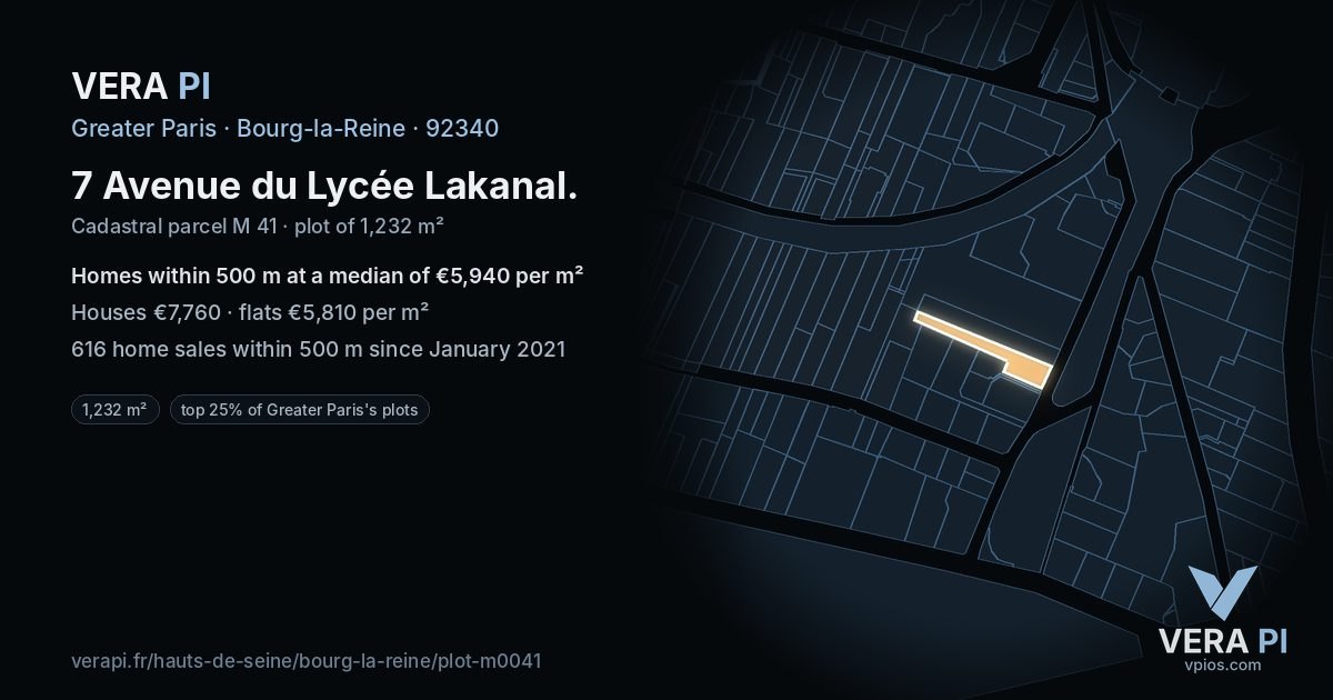 7 Avenue du Lycée Lakanal, Bourg-la-Reine at night – the plot lit, the parcels around coloured by the prices near them