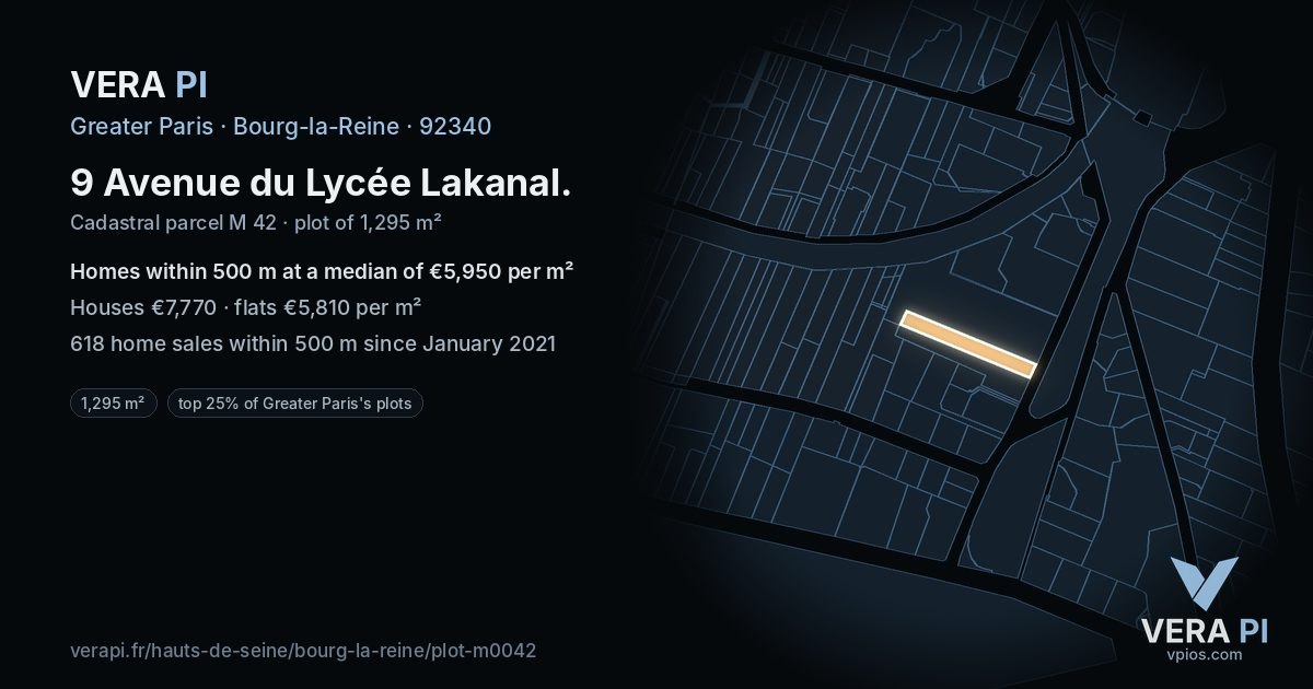 9 Avenue du Lycée Lakanal, Bourg-la-Reine at night – the plot lit, the parcels around coloured by the prices near them