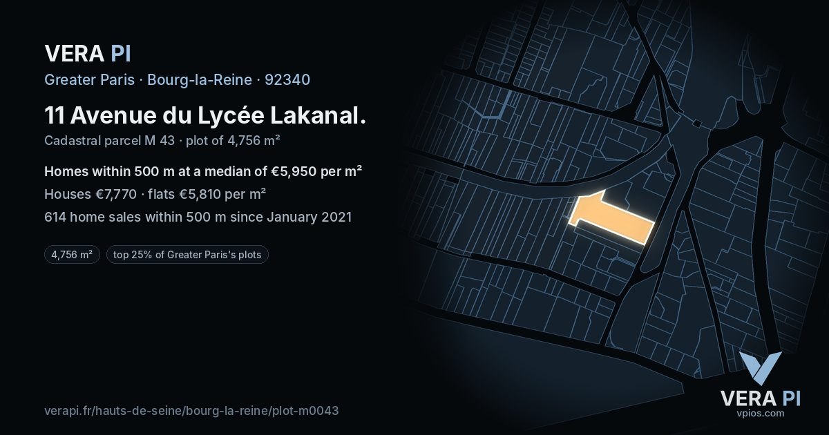 11 Avenue du Lycée Lakanal, Bourg-la-Reine at night – the plot lit, the parcels around coloured by the prices near them