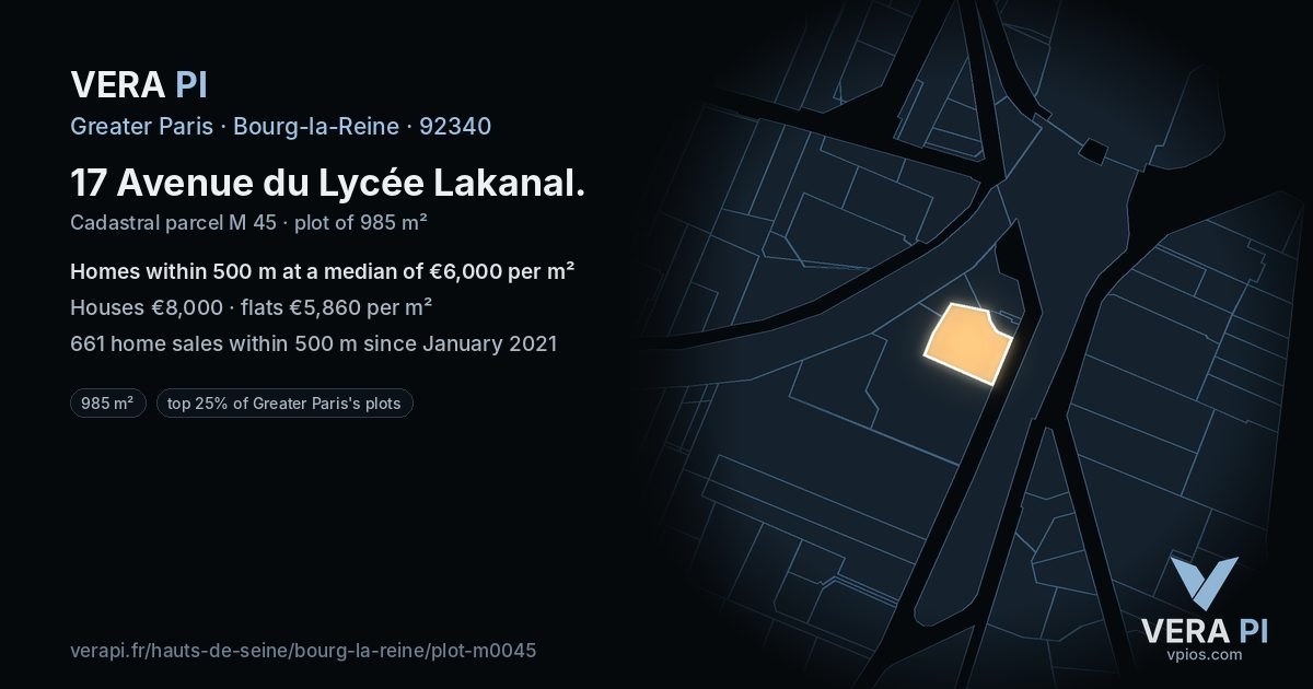 17 Avenue du Lycée Lakanal, Bourg-la-Reine at night – the plot lit, the parcels around coloured by the prices near them