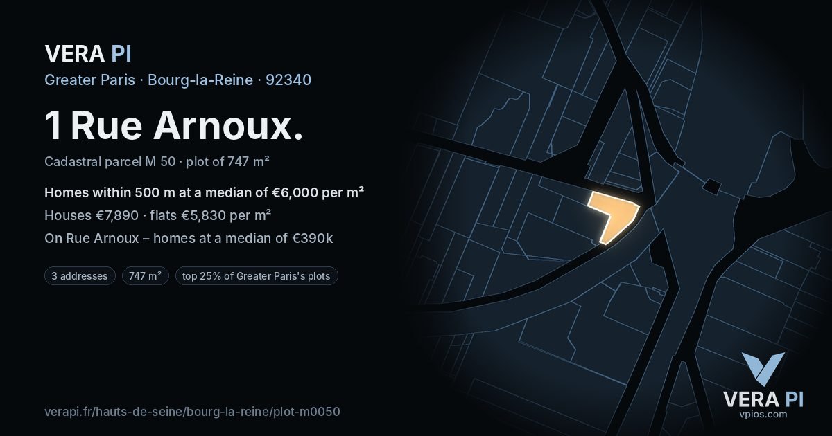 1 Rue Arnoux, Bourg-la-Reine at night – the plot lit, the parcels around coloured by the prices near them