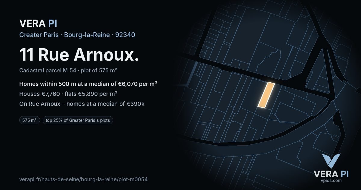 11 Rue Arnoux, Bourg-la-Reine at night – the plot lit, the parcels around coloured by the prices near them