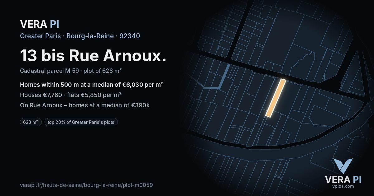 13 bis Rue Arnoux, Bourg-la-Reine at night – the plot lit, the parcels around coloured by the prices near them
