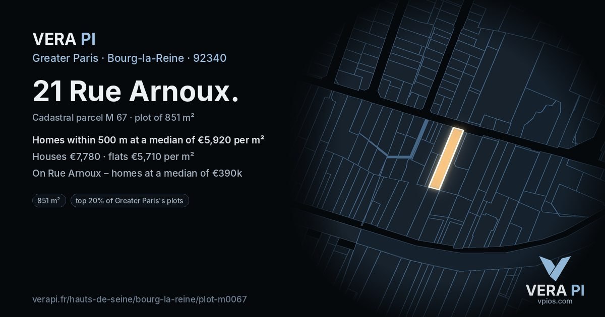 21 Rue Arnoux, Bourg-la-Reine at night – the plot lit, the parcels around coloured by the prices near them