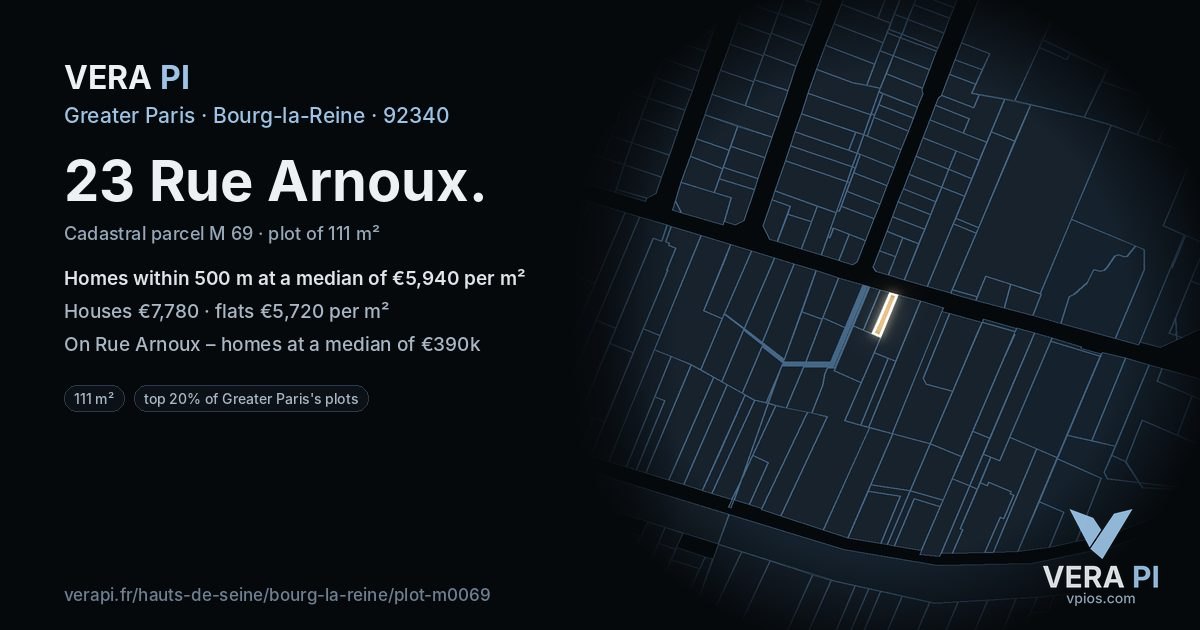 23 Rue Arnoux, Bourg-la-Reine at night – the plot lit, the parcels around coloured by the prices near them