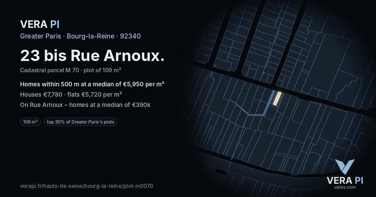 23 bis Rue Arnoux, Bourg-la-Reine at night – the plot lit, the parcels around coloured by the prices near them