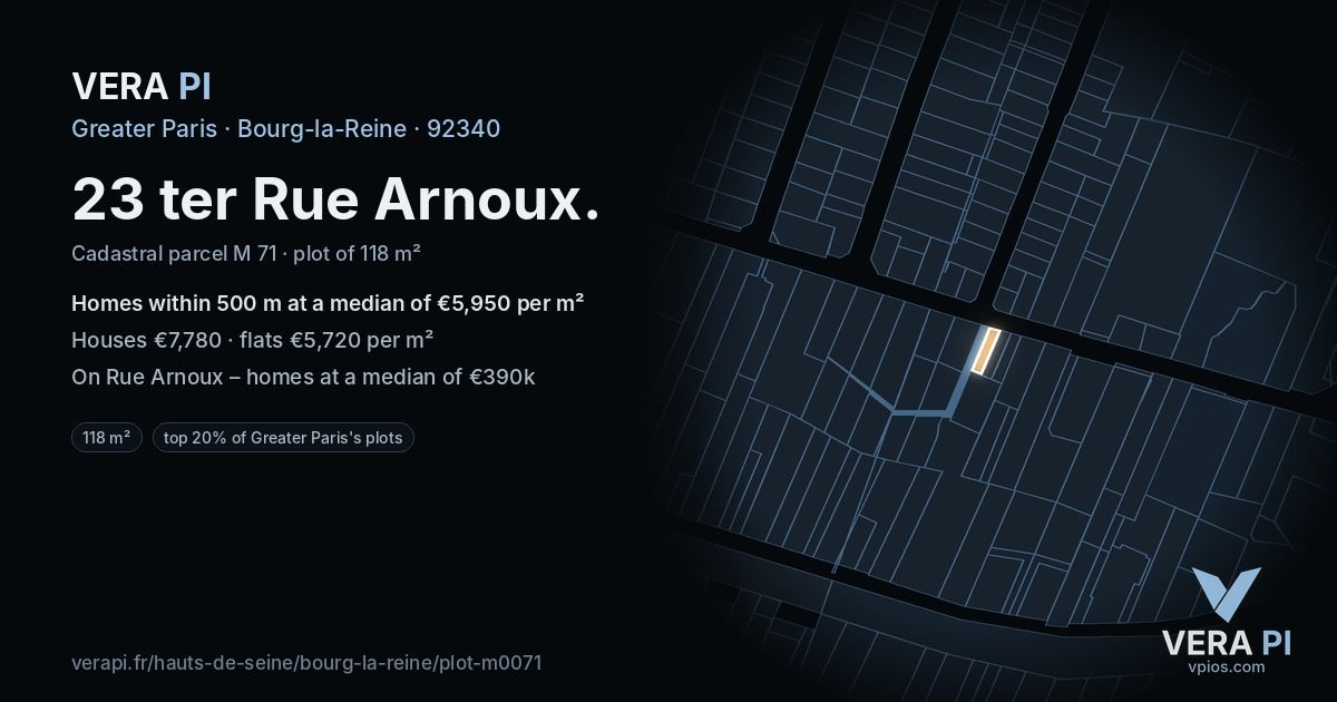 23 ter Rue Arnoux, Bourg-la-Reine at night – the plot lit, the parcels around coloured by the prices near them