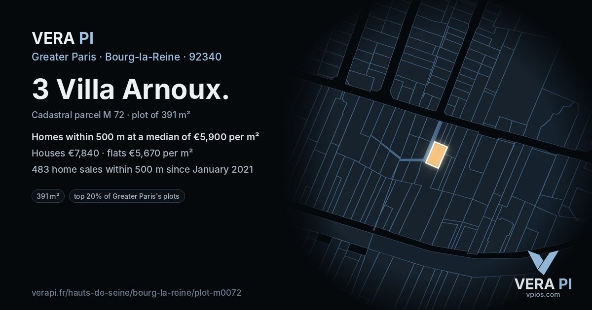 3 Villa Arnoux, Bourg-la-Reine at night – the plot lit, the parcels around coloured by the prices near them