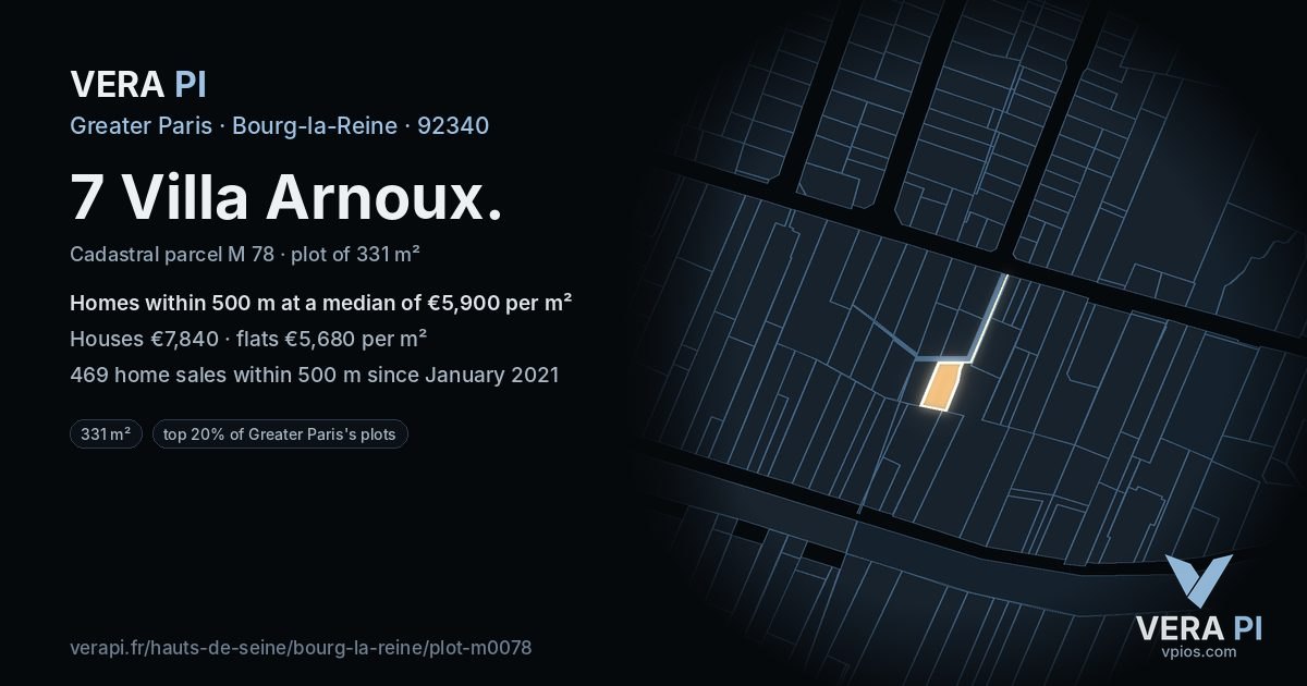 7 Villa Arnoux, Bourg-la-Reine at night – the plot lit, the parcels around coloured by the prices near them