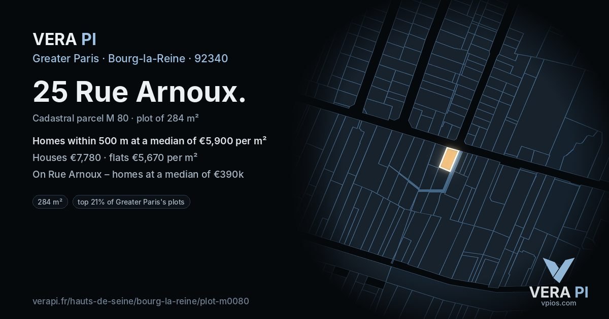 25 Rue Arnoux, Bourg-la-Reine at night – the plot lit, the parcels around coloured by the prices near them