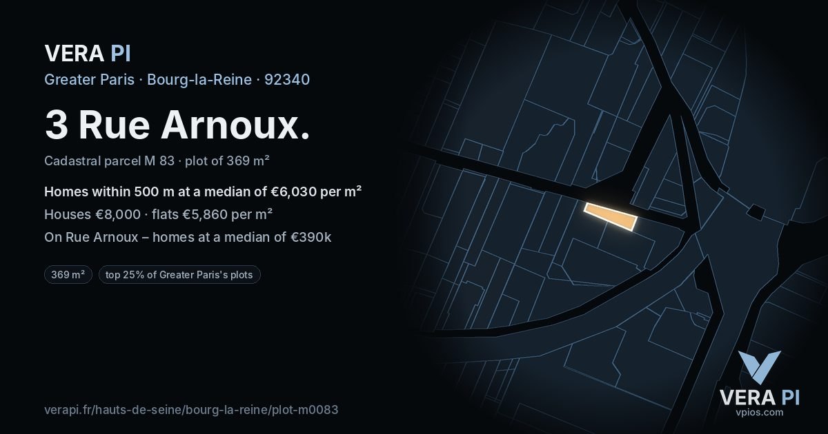 3 Rue Arnoux, Bourg-la-Reine at night – the plot lit, the parcels around coloured by the prices near them