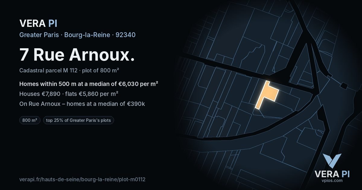 7 Rue Arnoux, Bourg-la-Reine at night – the plot lit, the parcels around coloured by the prices near them
