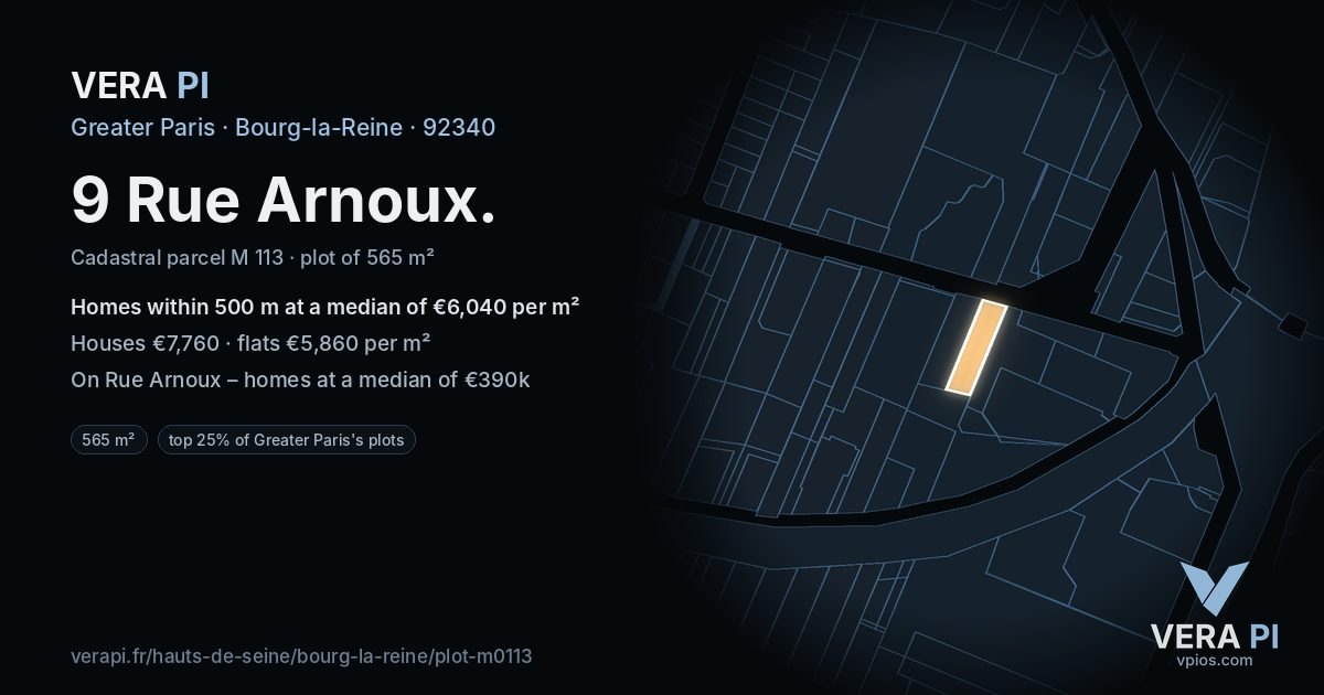 9 Rue Arnoux, Bourg-la-Reine at night – the plot lit, the parcels around coloured by the prices near them