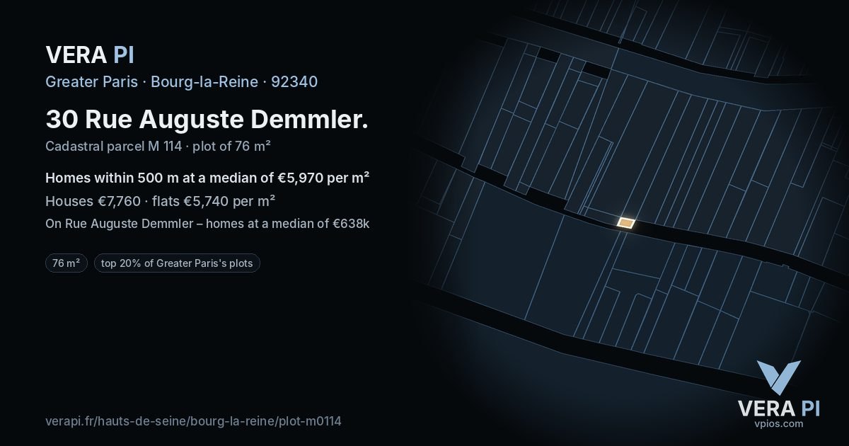 30 Rue Auguste Demmler, Bourg-la-Reine at night – the plot lit, the parcels around coloured by the prices near them
