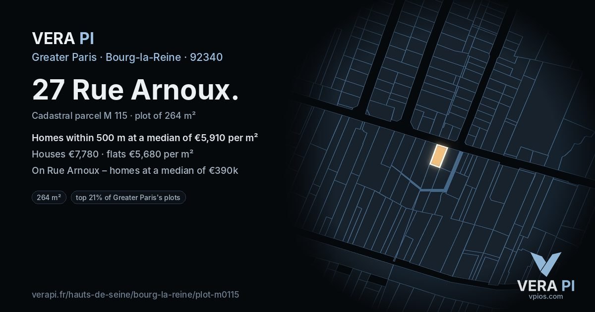 27 Rue Arnoux, Bourg-la-Reine at night – the plot lit, the parcels around coloured by the prices near them