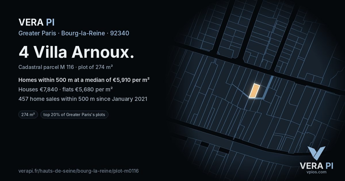 4 Villa Arnoux, Bourg-la-Reine at night – the plot lit, the parcels around coloured by the prices near them