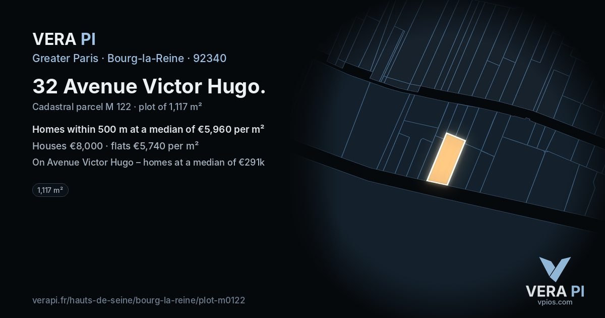 32 Avenue Victor Hugo, Bourg-la-Reine at night – the plot lit, the parcels around coloured by the prices near them