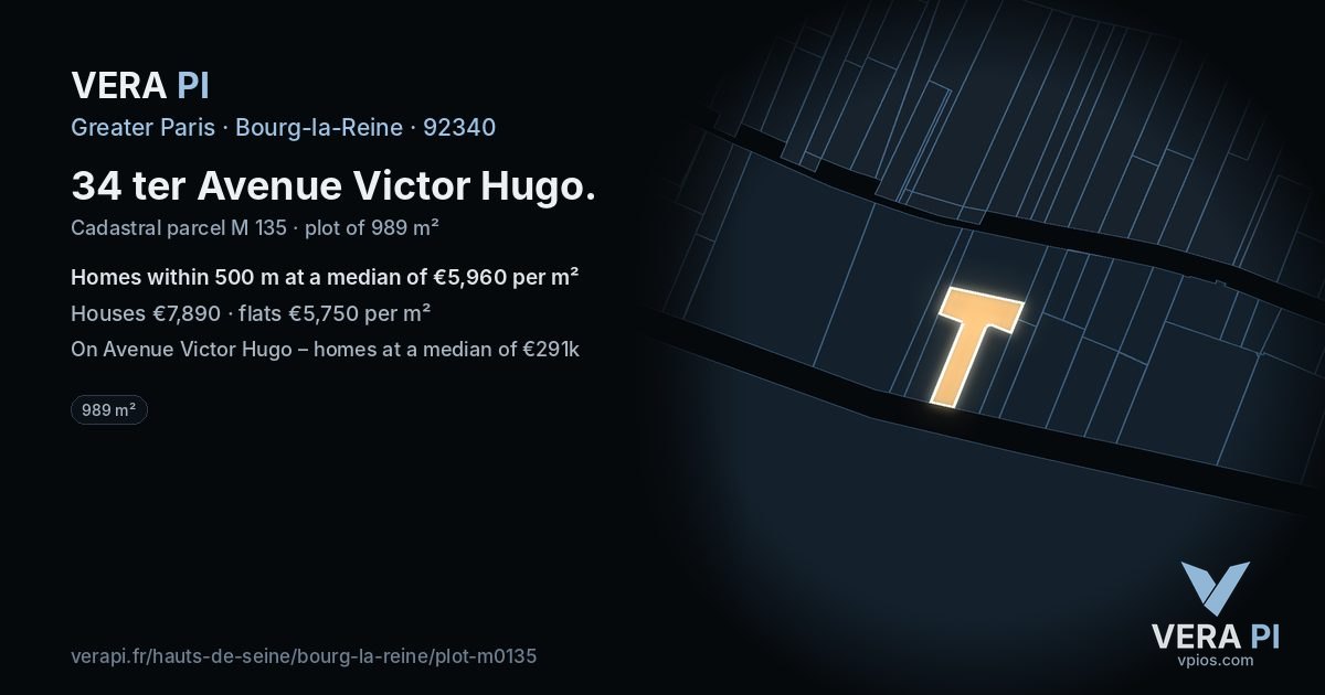 34 ter Avenue Victor Hugo, Bourg-la-Reine at night – the plot lit, the parcels around coloured by the prices near them