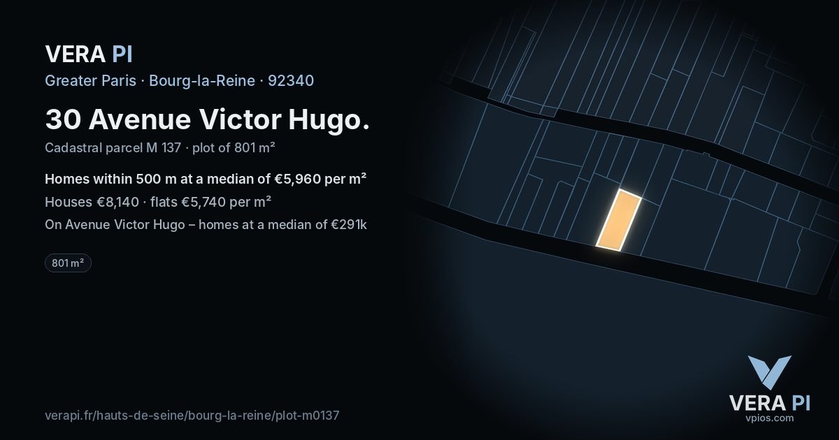 30 Avenue Victor Hugo, Bourg-la-Reine at night – the plot lit, the parcels around coloured by the prices near them