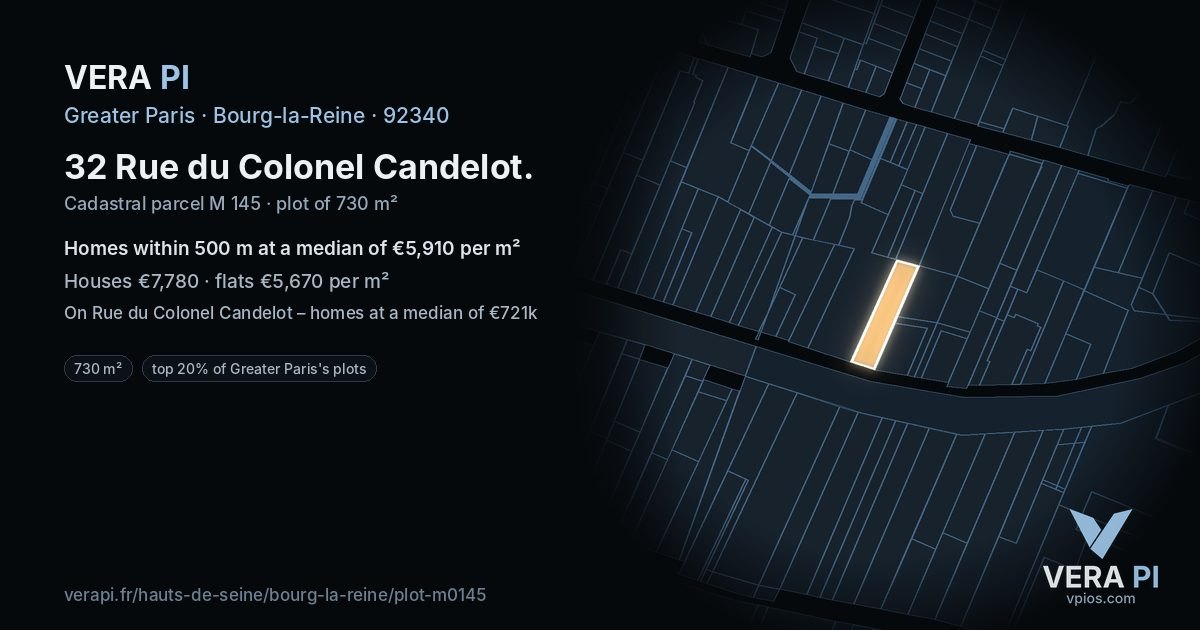 32 Rue du Colonel Candelot, Bourg-la-Reine at night – the plot lit, the parcels around coloured by the prices near them