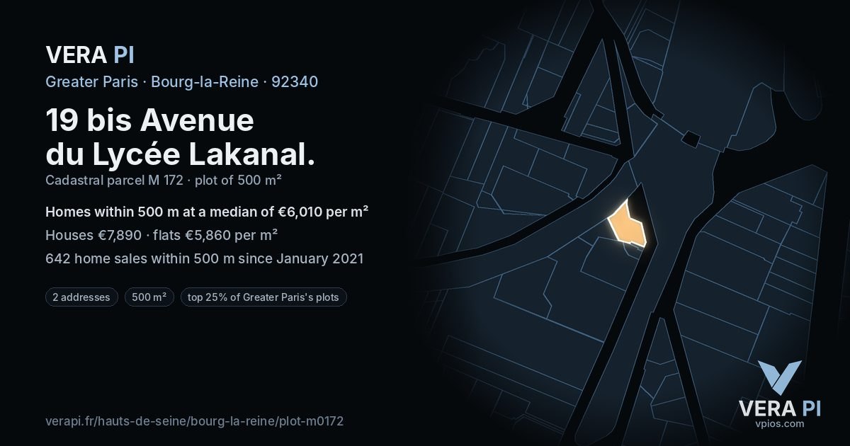 19 bis Avenue du Lycée Lakanal, Bourg-la-Reine at night – the plot lit, the parcels around coloured by the prices near them