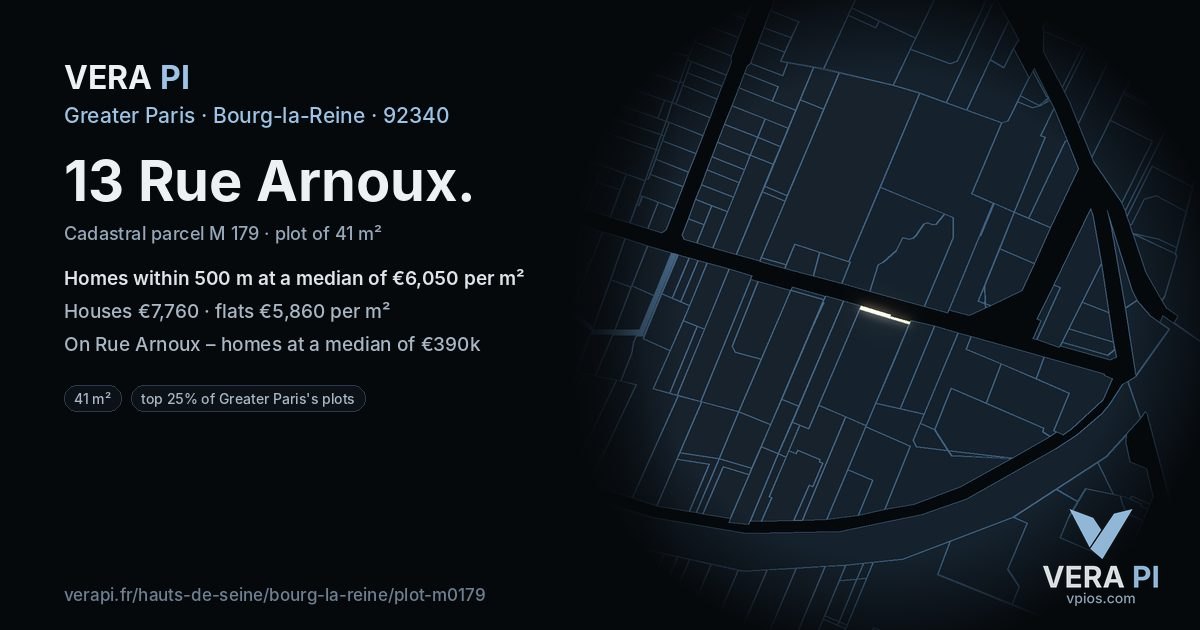 13 Rue Arnoux, Bourg-la-Reine at night – the plot lit, the parcels around coloured by the prices near them